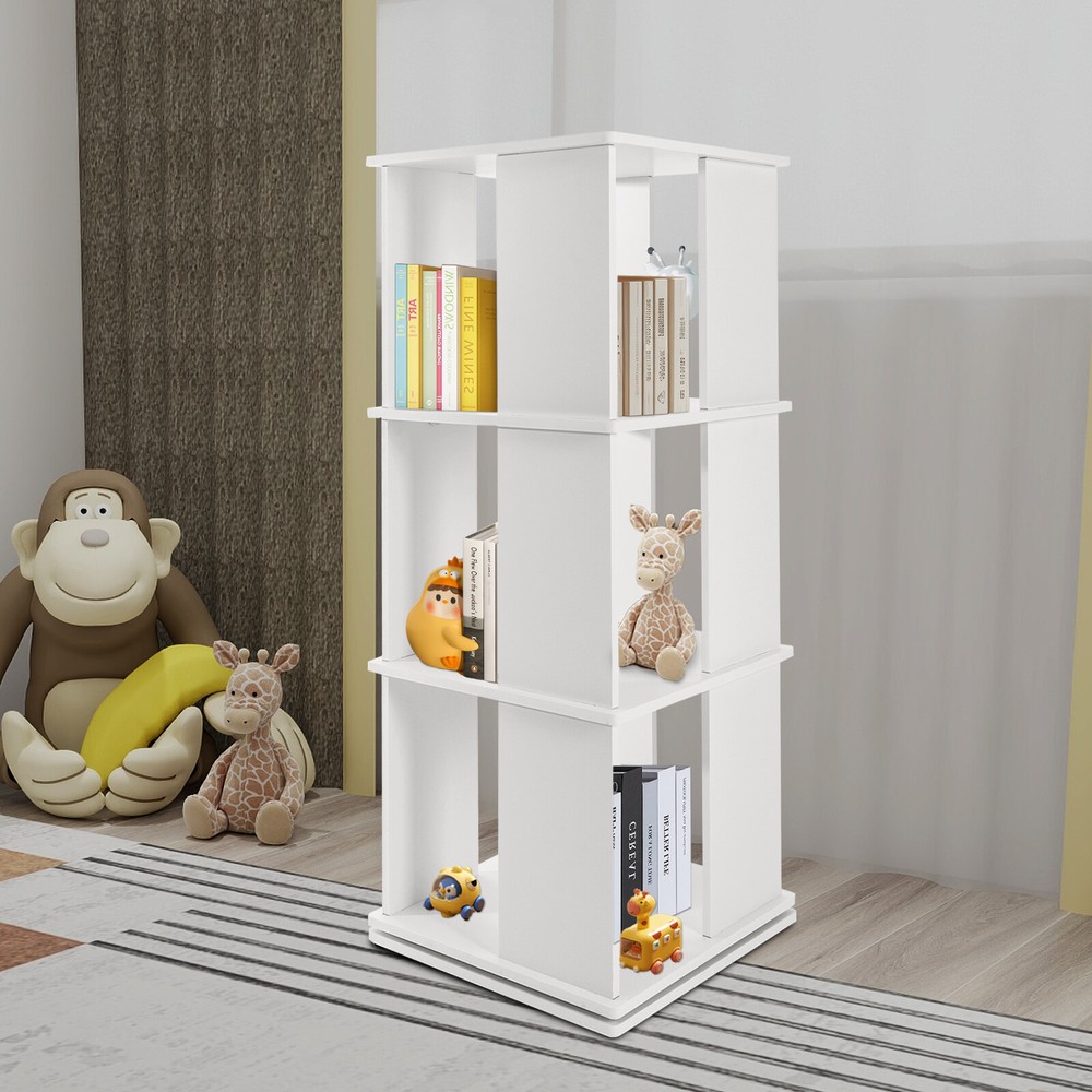 3 Tiers 360° Rotating Bookshelf Display Free Standing Wood Bookcase Storage Rack