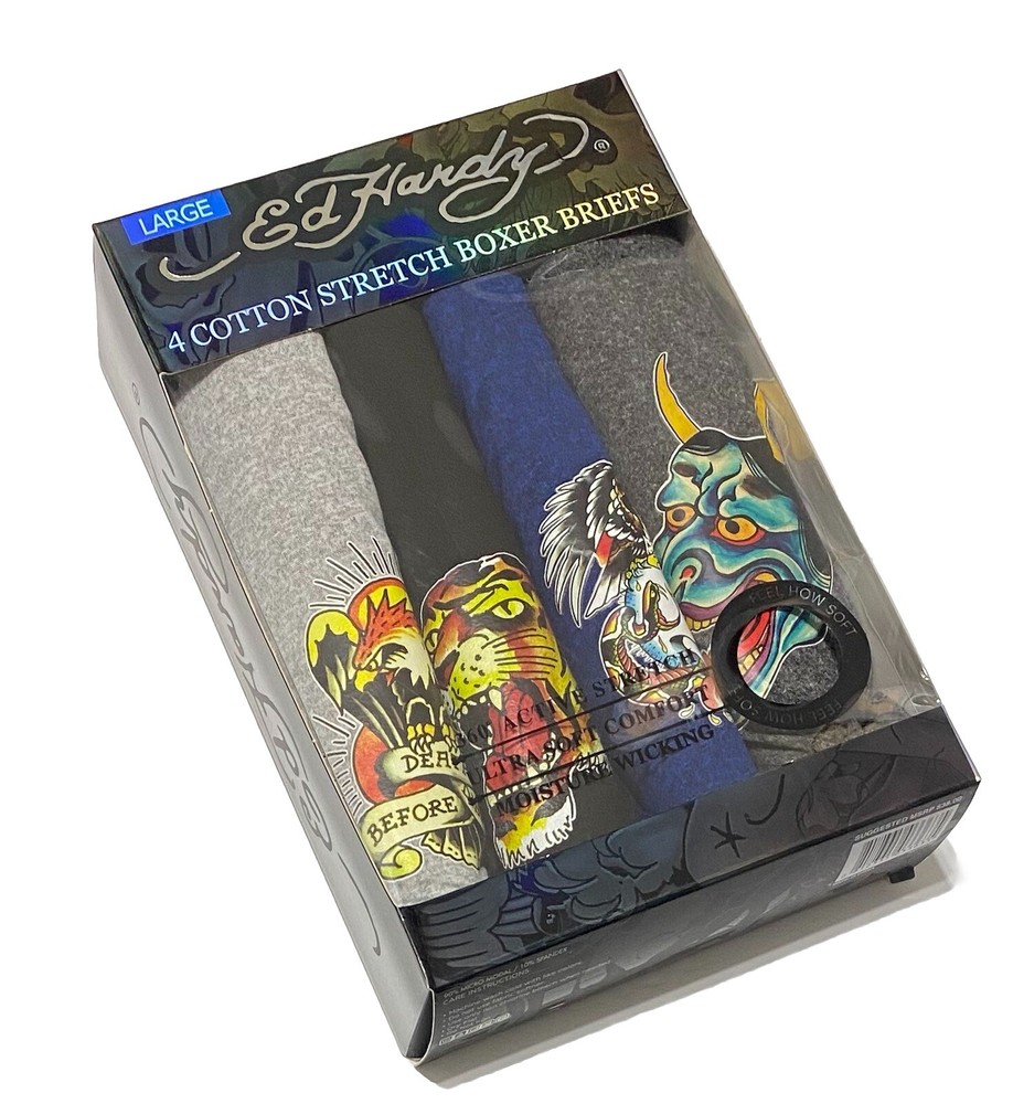Ed Hardy Men's Sz Large 4 Pair Cotton Stretch Boxer Briefs 129107