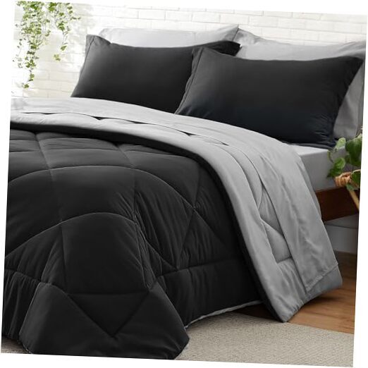 Full Comforter Set 7 Pieces Bed in A Bag - Soft Microfiber Reversible Black