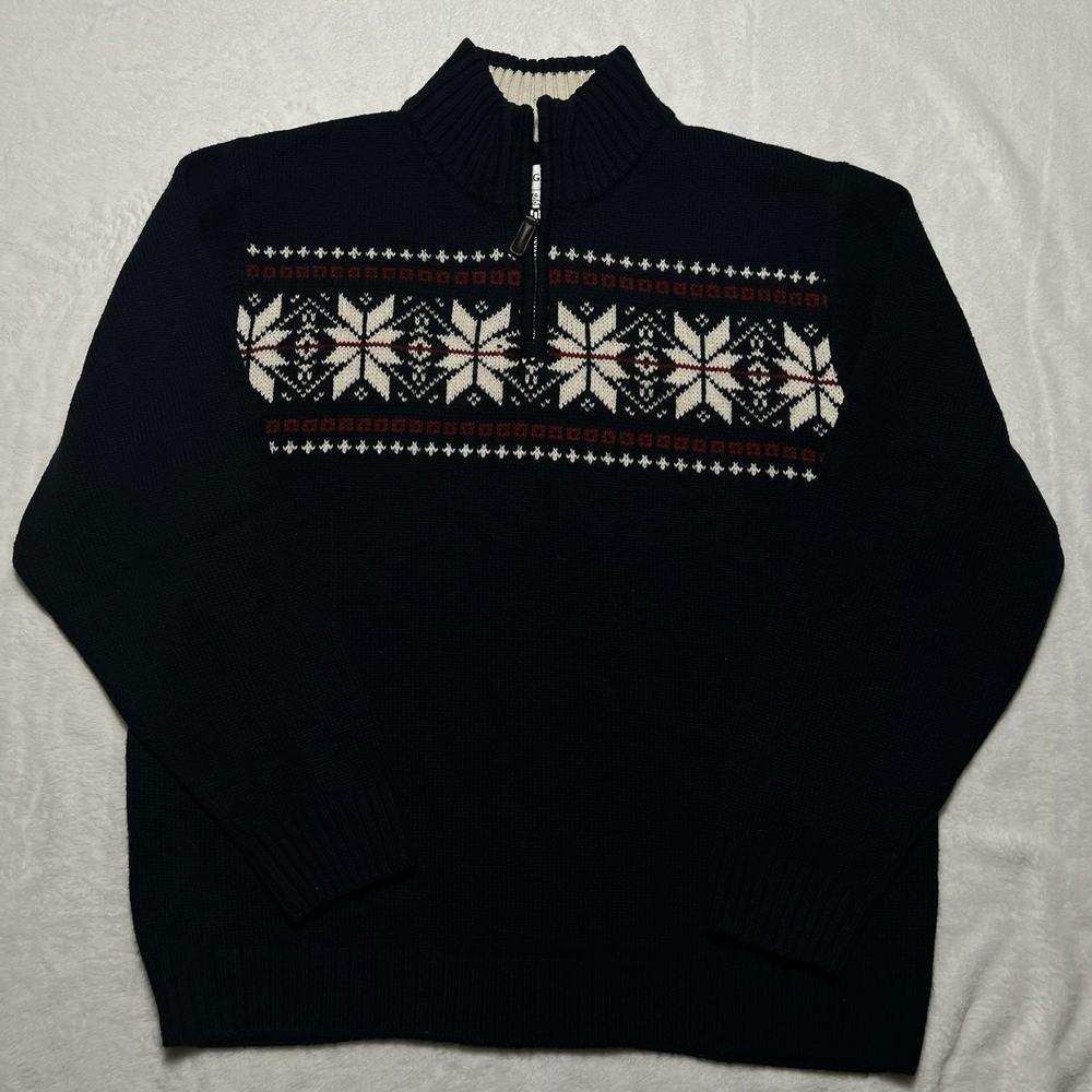 Haggar Men’s Navy Fair Isle Quarter-Zip Sweater – XL (Classic Nordic Winter Knit