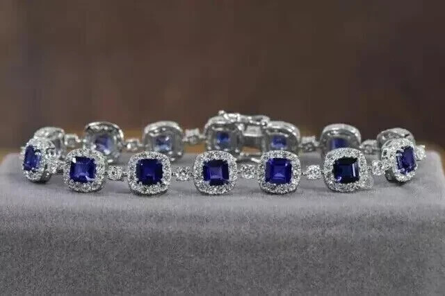 12ct Cushion Lab-Created Sapphire Tennis Bracelet in 14K White Gold Plated 7 Inch