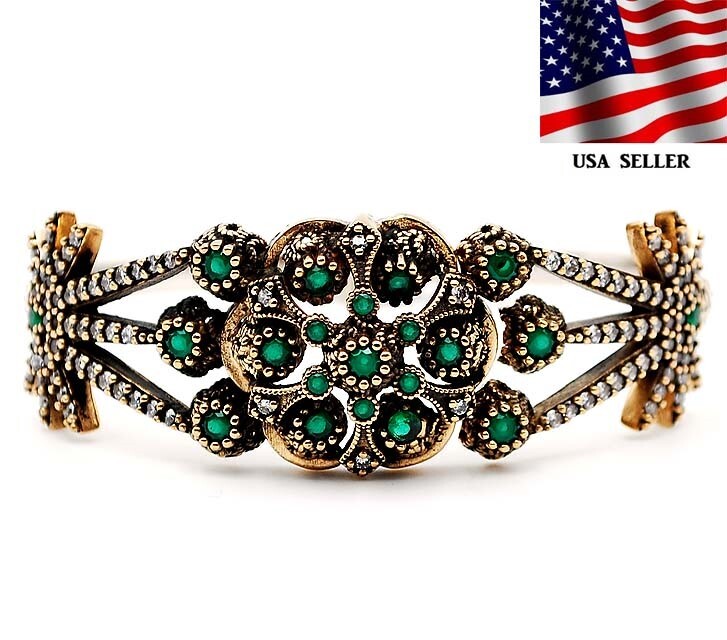 Sterling Silver Emerald Bracelet Ottoman Empire Style 4CT Treated Gemstone Jewelry Z1-1