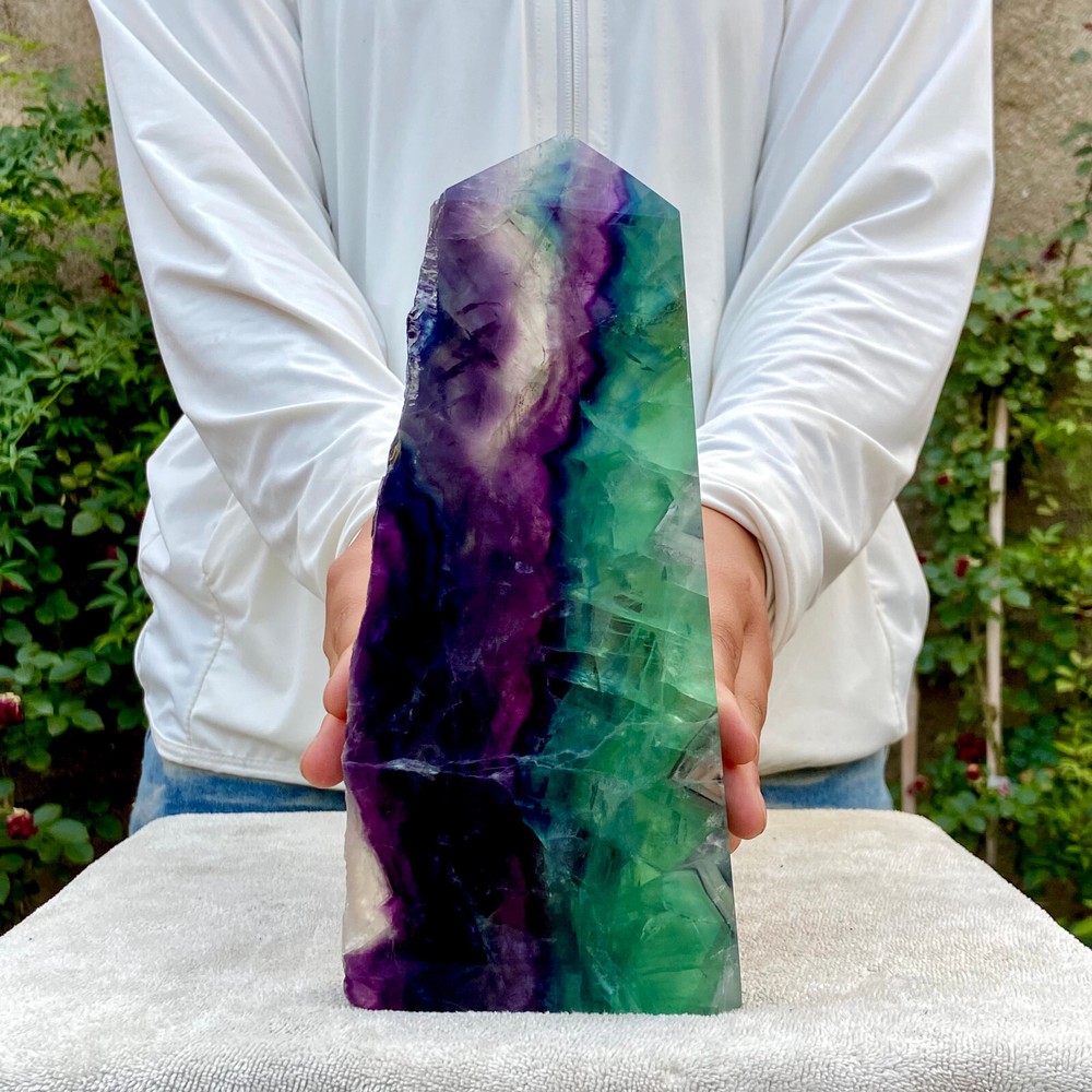 2.1LB Natural Rainbow Fluorite Obelisk Crystal Wand for Healing and Energy