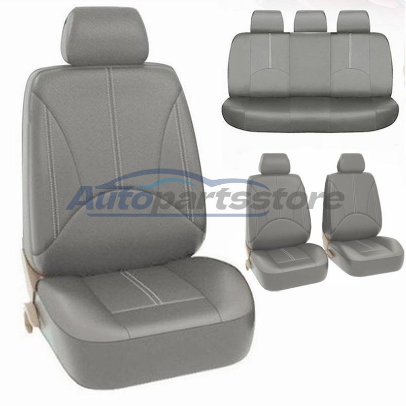 9PCS Gray Leather Wearing Car Seat Protector Covers Front Rear Full Set Cushion