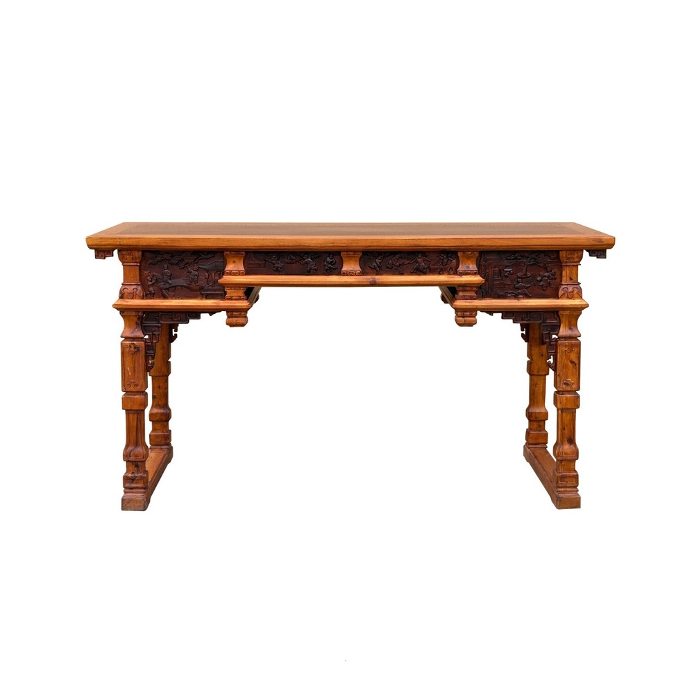 Vintage Two Brown Wood Tone Relief Carving Motif Console Altar T able GB050S