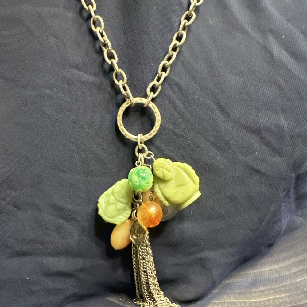 Boho Charm Necklace Statement Silver Tone Jadeite Budda Green Silver Locket Bead