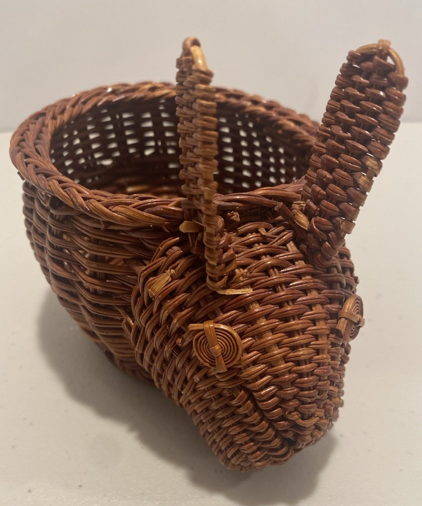 Vintage Wicker Bunny Planter Easter Decor Intricate Rattan Basket Rabbit