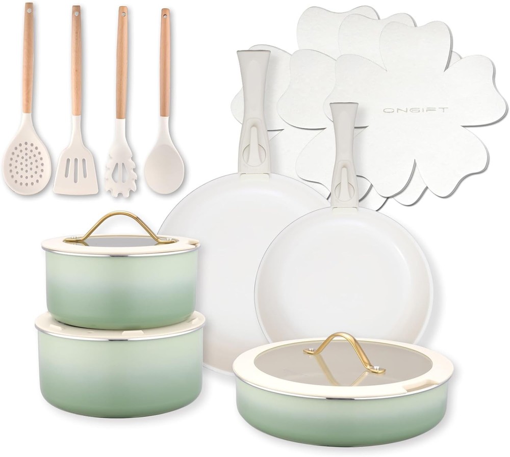 20pcs Nonstick Ceramic Cookware Set with Detachable Handles, Green 20-Piece Collection