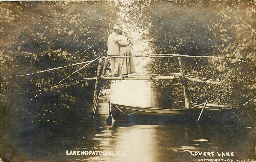 c1910 Lake Hopatcong New Jersey Lovers Lane couple Boat RPPC Postcard 25-6180