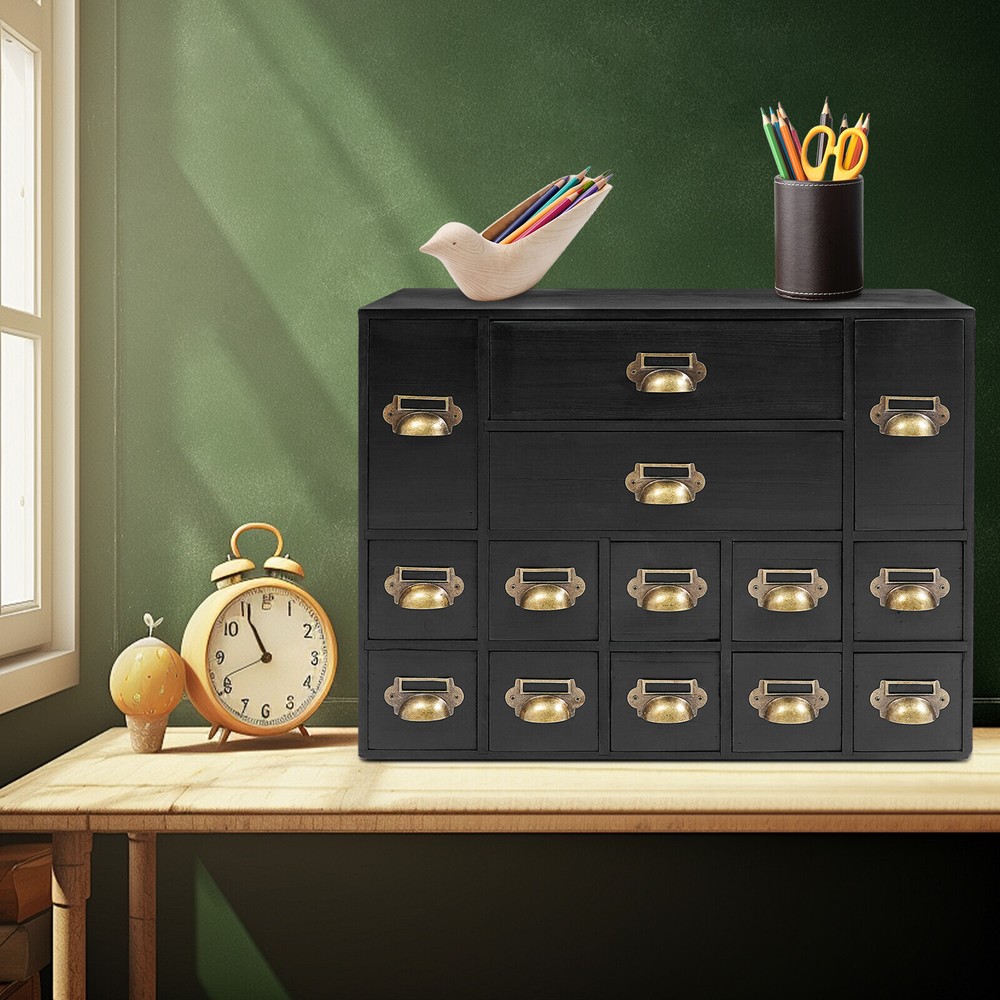 Vintage Black 14-Drawer Storage Cabinet Iron & Wood Organizer