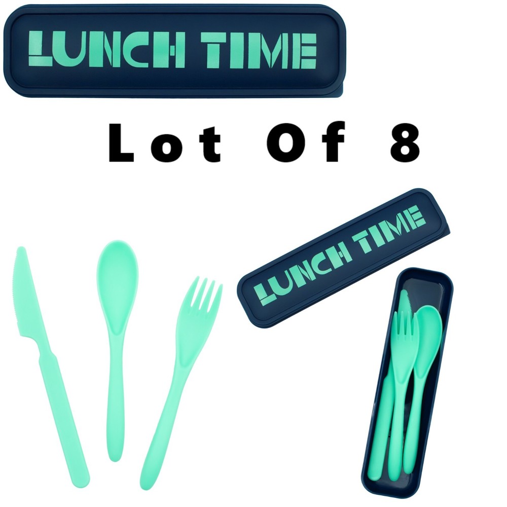 Back To School Portable Carry-On Blue Plastic 4 Piece Utensil Set - Lot Of 8-image