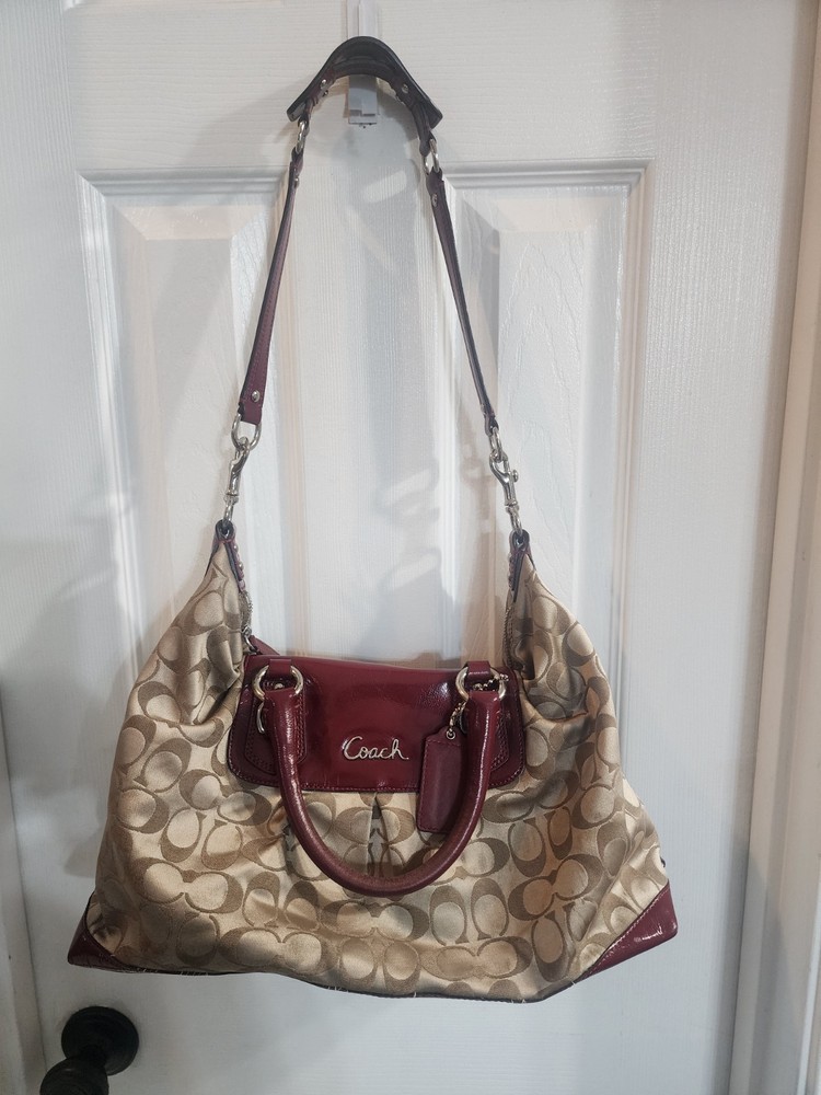Coach Ashley Maroon Leather Trim Khaki Satchel Tote Shoulder Bag  