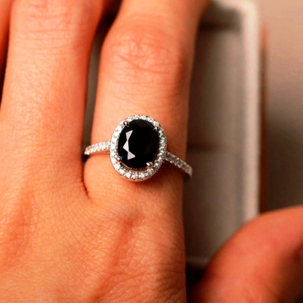 2Ct Oval Black Simulated Diamond Solitaire Engagement Ring 14K White Gold Plated