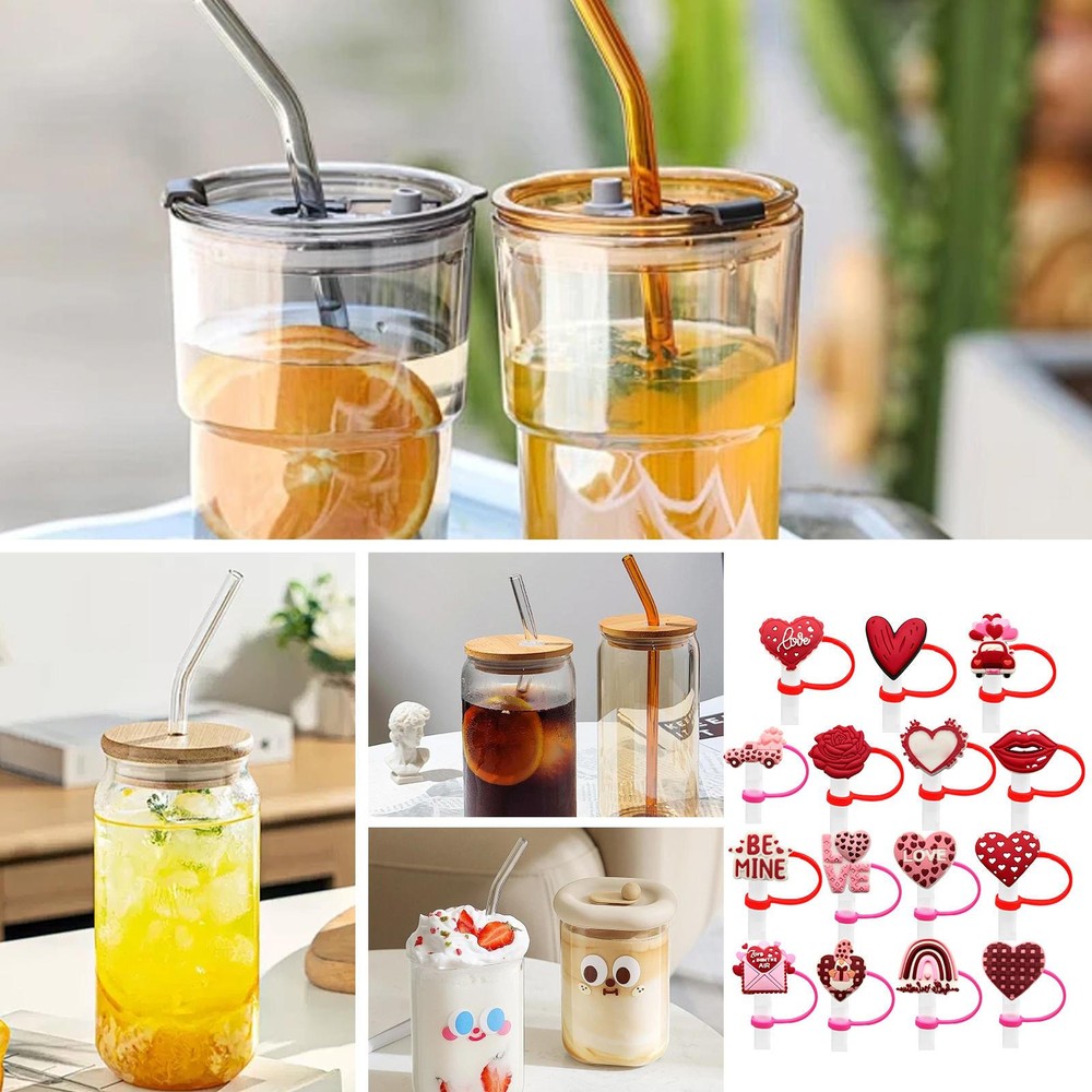15pcs Silicone Rose Straw Lid 10mm Valentine's Day Series Love Straw Hat