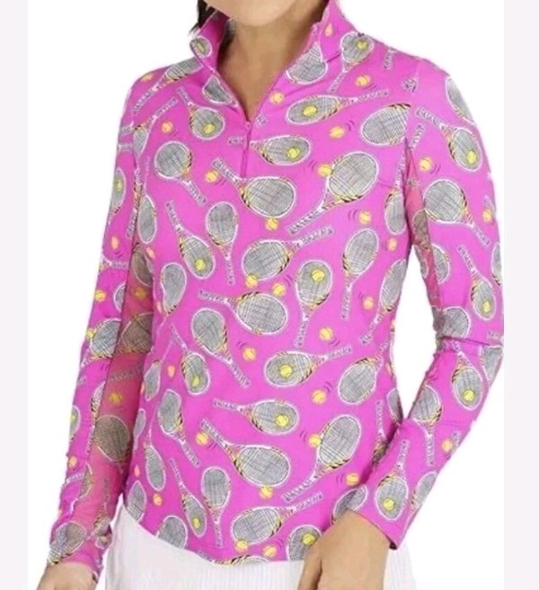 IBKUL Women's Pink Tennis Print Performance Wear UPF +50 Long Sleeve Shirt Sz XL