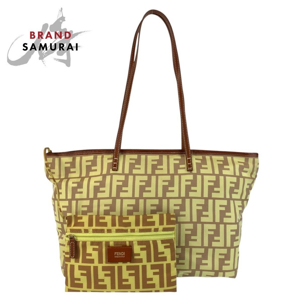 FENDI Zucchino Yellow Brown Nylon Leather Tote Bag 8BH198 Rare Shoulder Bag