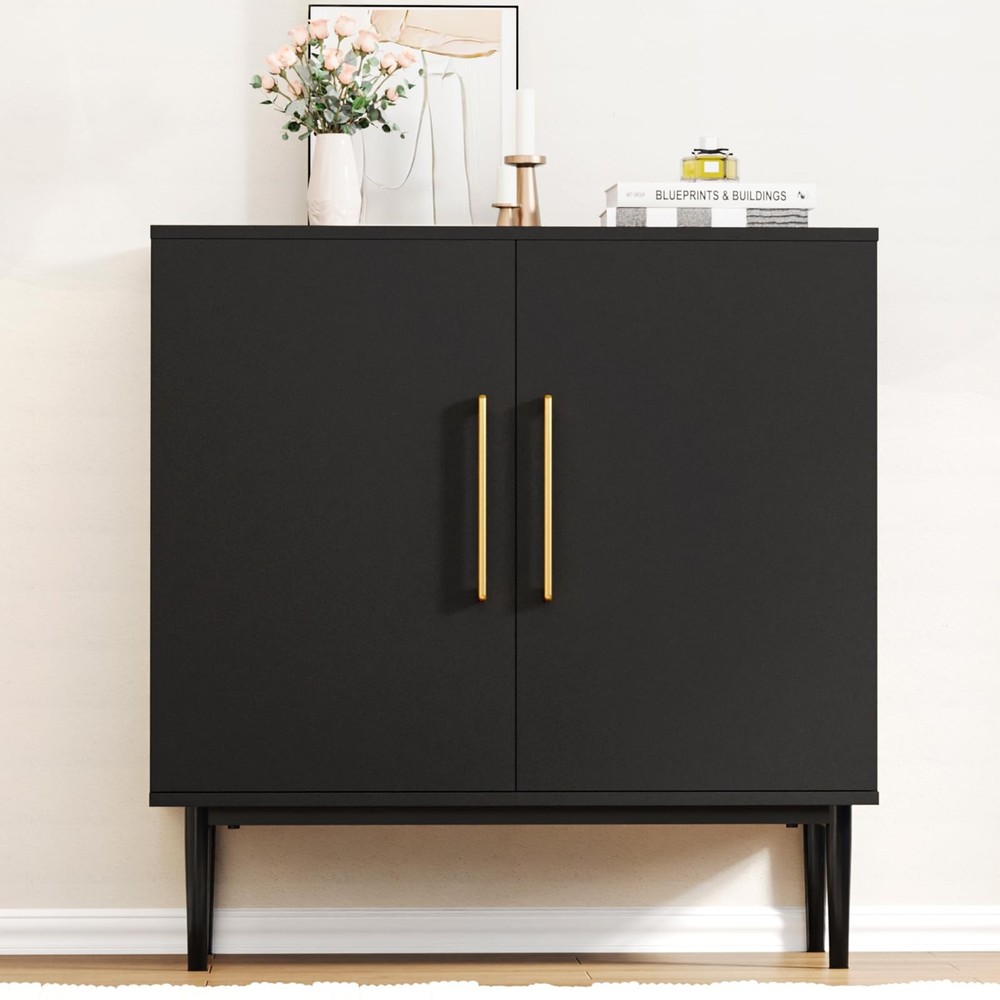 Modern Black Free-Standing Cabinet with Doors for Storage and Display