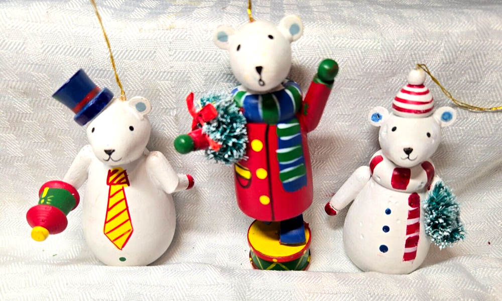 3 Vintage Schmid Wooden Polar Bear Ornaments - Christmas/Holiday