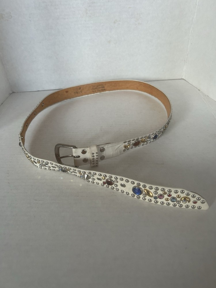 Vintage Women's White Leather Studded & Rhinestone Belt 37in. Waist Pre-Owned