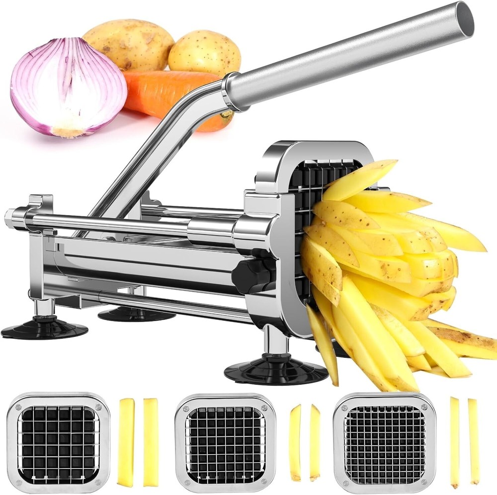 Commercial Stainless Steel French Fry Cutter with 3 Blade Sizes and Suction Cups