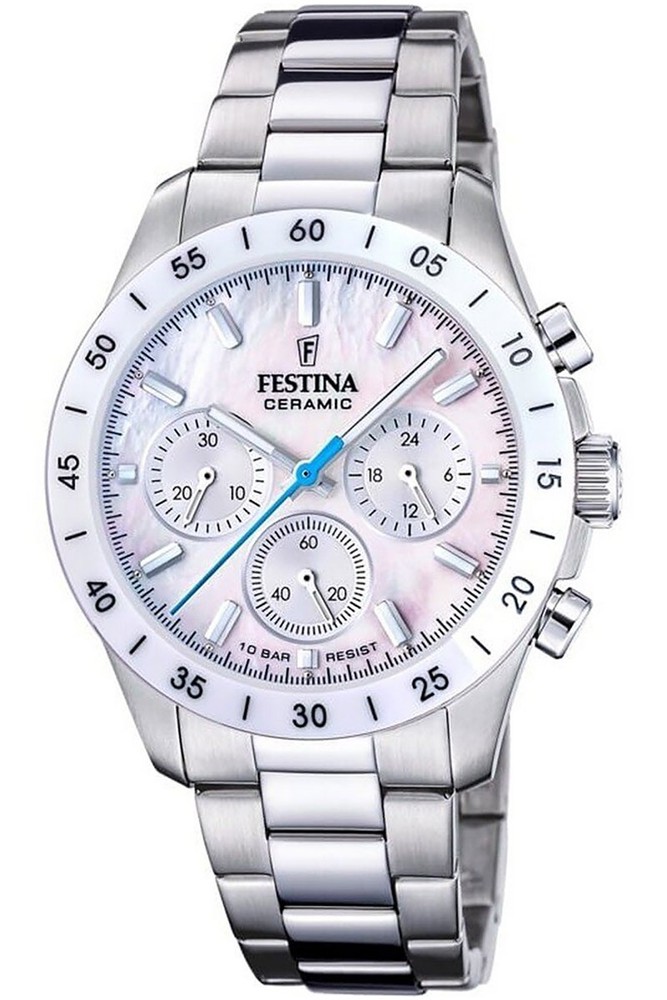 Festina Ladies Chronograph Watch Steel Mother Of Pearl White Dial F20693/1