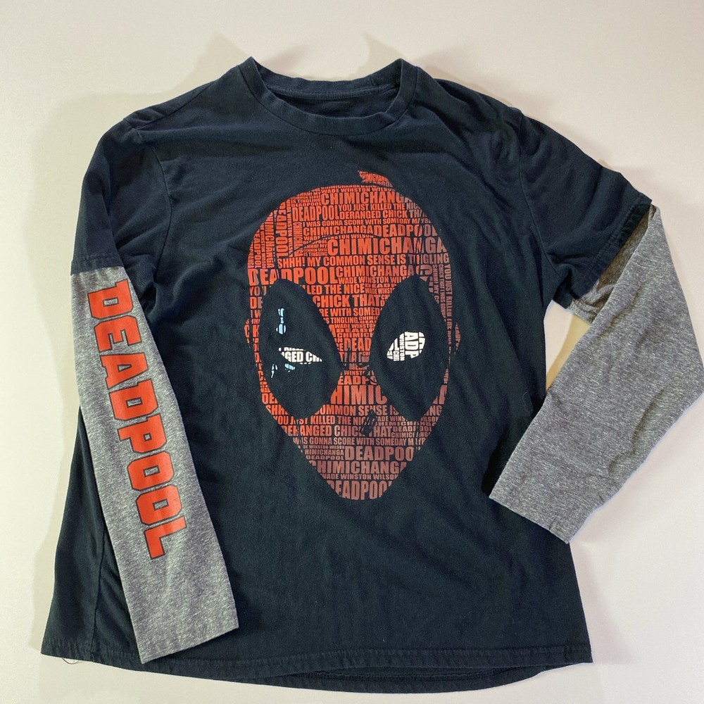 MARVEL Deadpool Words Long Sleeve Faux Double Jersey T-Shirt Men Black Large