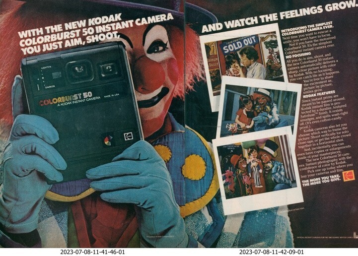 1979 Kodak Colorburst 50 Instant Camera Clown Circus Posters Vtg Print Ad SI14