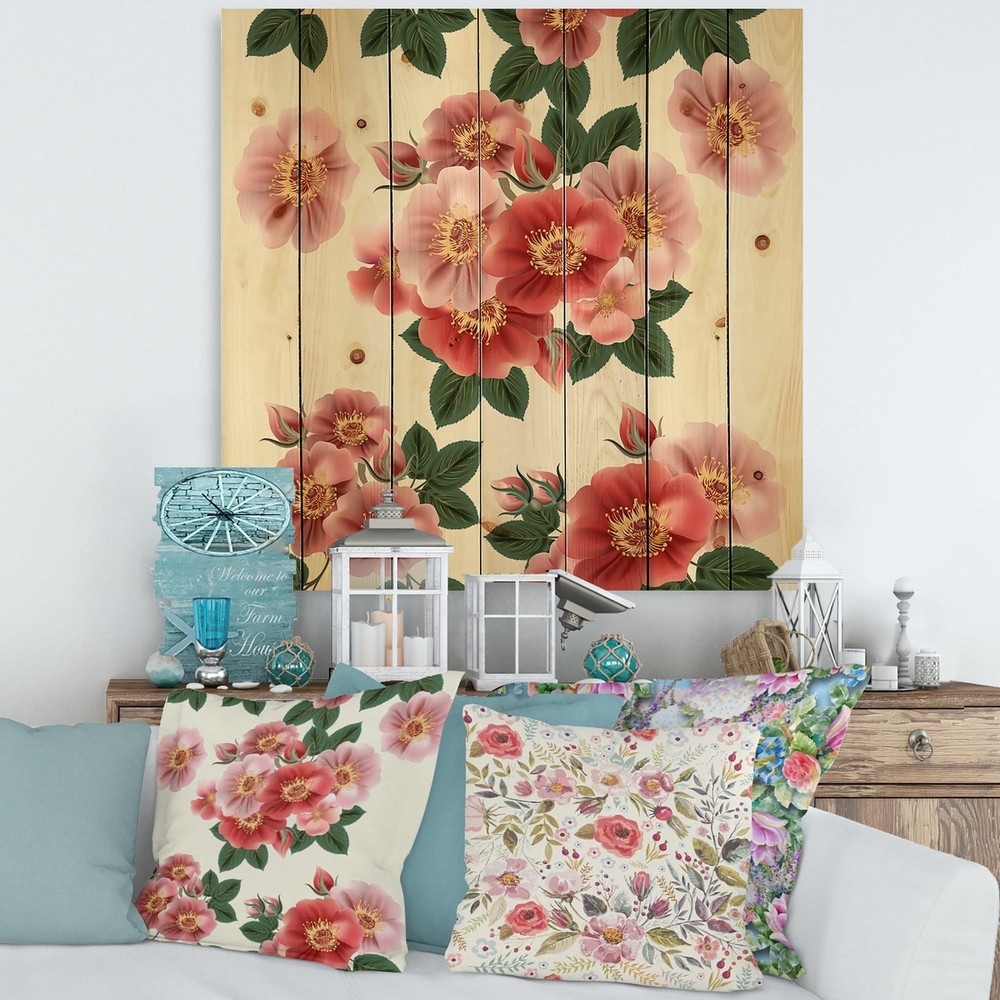 Designart 'Vintage Red Roses' Traditional Print on Natural