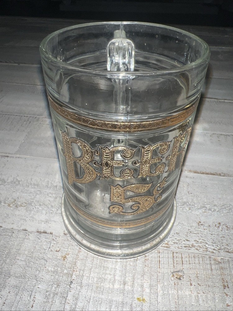 Vintage 16oz Clear Glass Beer Mug with Gold 5 Cents Lettering