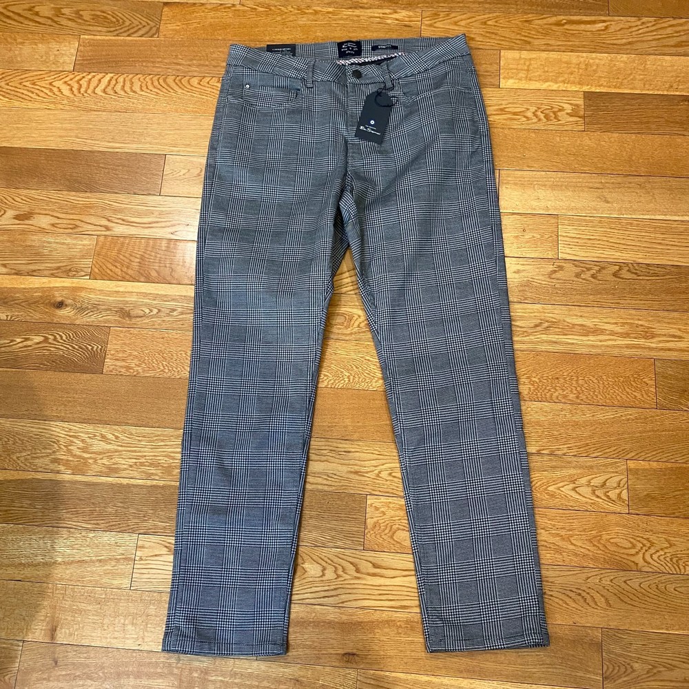 Ben Sherman Plaid Grey Chino Pants 34 X 32 Slim Fit Stretch NWT