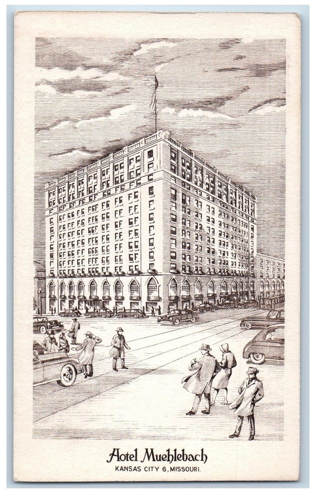 Kansas City Missouri MO Postcard Hotel Muehlebach Building Sketch c1940s Antique