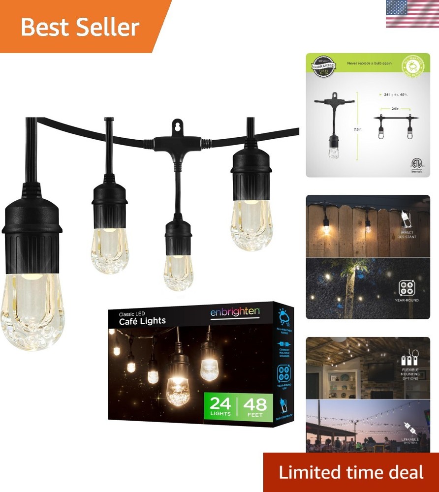 48ft Black Cord String Lights with 24 LED Acrylic Bulbs Weatherproof for Outdoor Use
