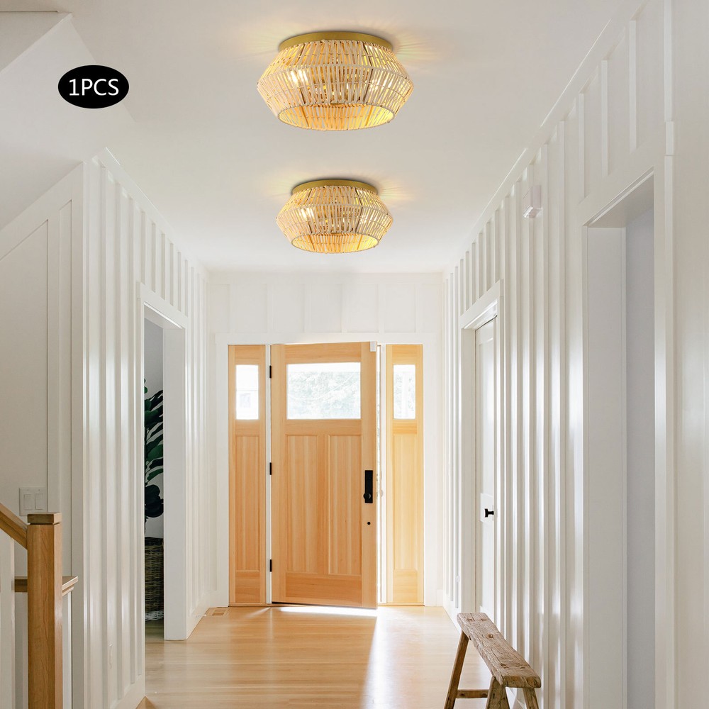Gold Ceiling Light Woven Rattan Light Fixture Bedroom Ceiling Mount Lamp E26 USA