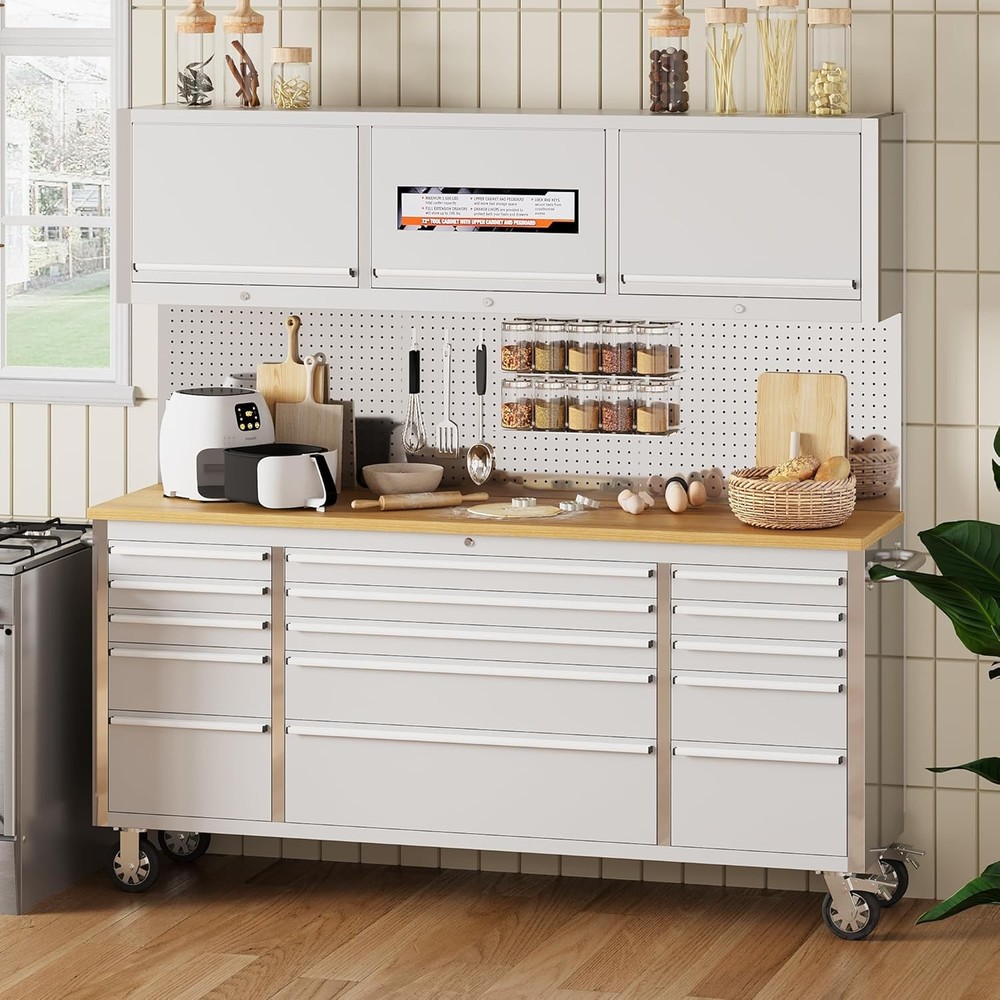 72'' Metal Cabinet Garage Workbench Worktop Tool Box Chest Cabinet w/ Wheels US