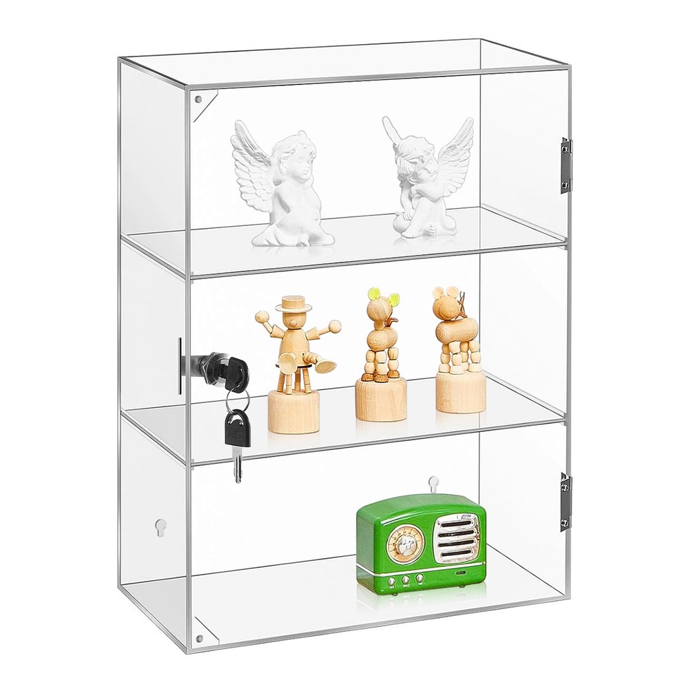 3-Tier Clear Acrylic Display Case with Lock Key Lockable Countertop Display Case