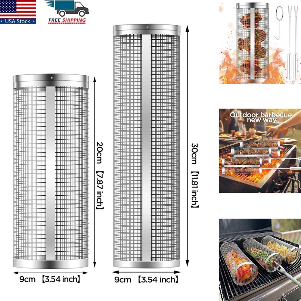 Rolling Grilling Basket Stainless Steel For BBQ Grill Outdoor Tools US
