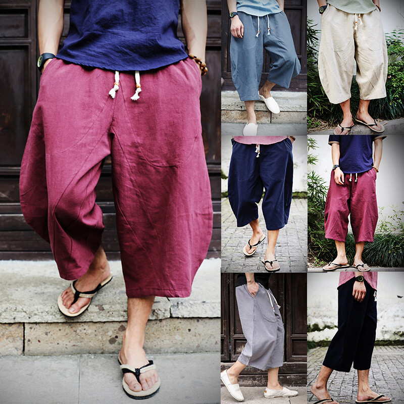 Men Summer Casual Baggy Pant Trousers Cotton Linen Wide Leg Loose Harem Bottom ;