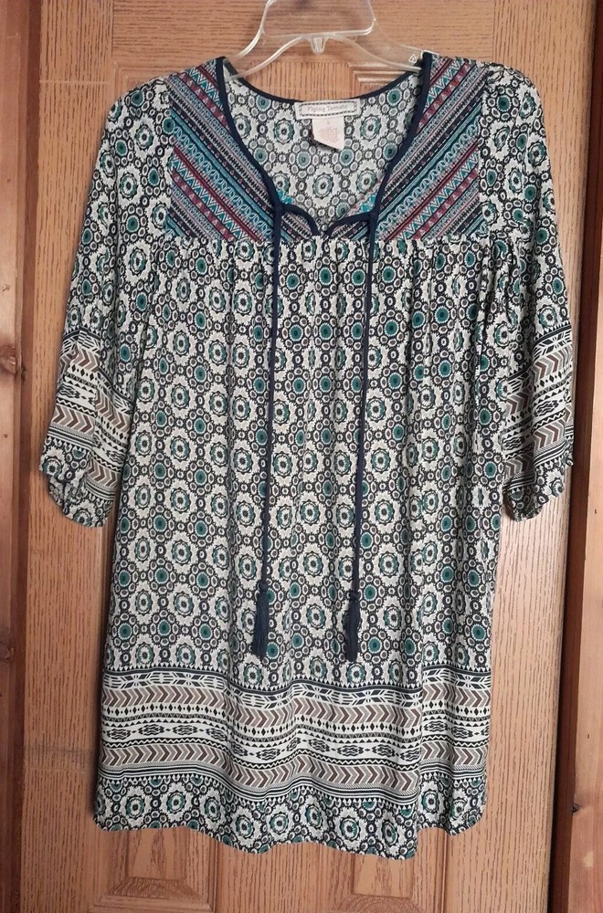 Flying Tomato Boho Mini Dress Size Sm. , Tapestry Accent Hippie, Navy & Cream