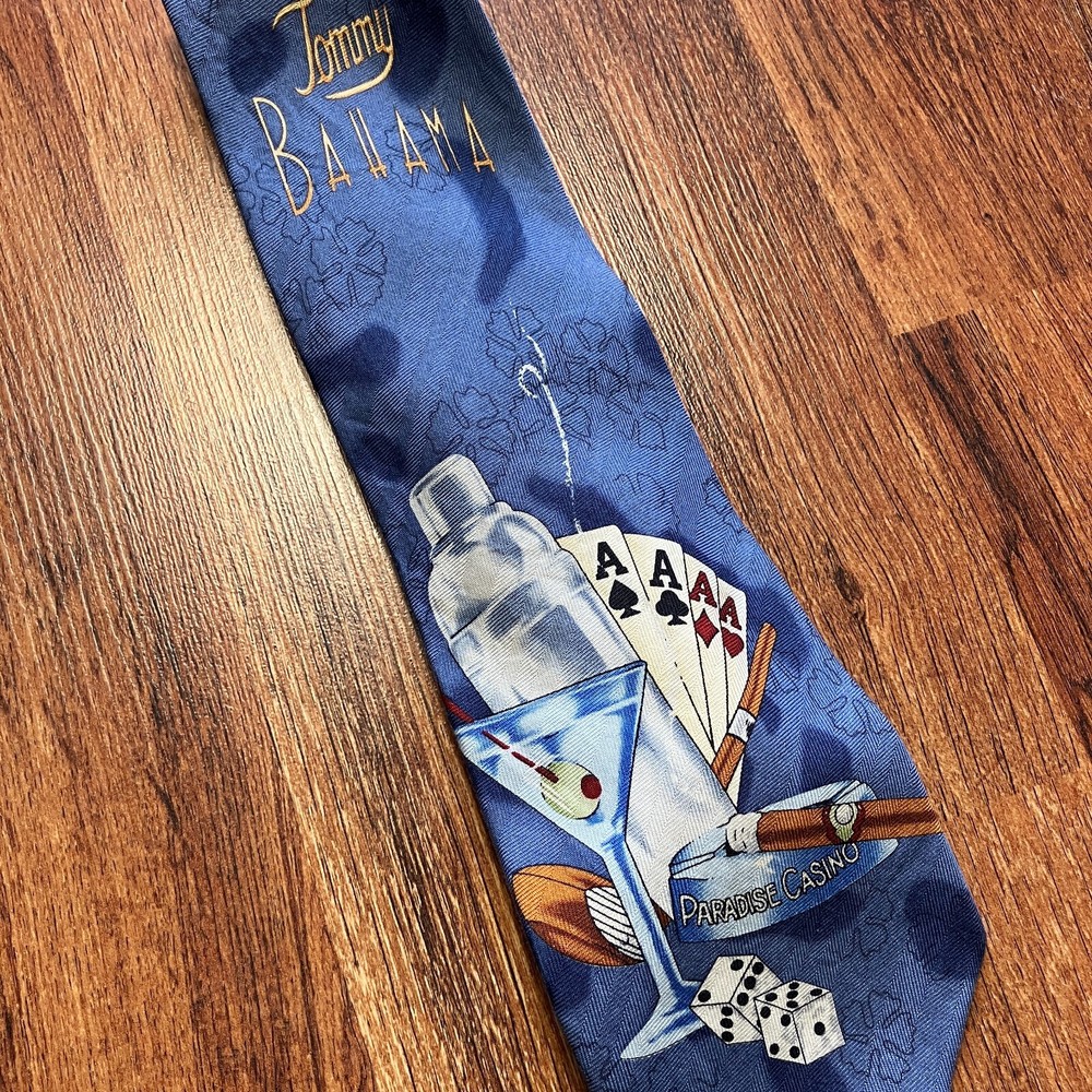 Tommy Bahama Blue Silk Tie with Casino Gambling Cards Martini Cigar Design 56-Inch