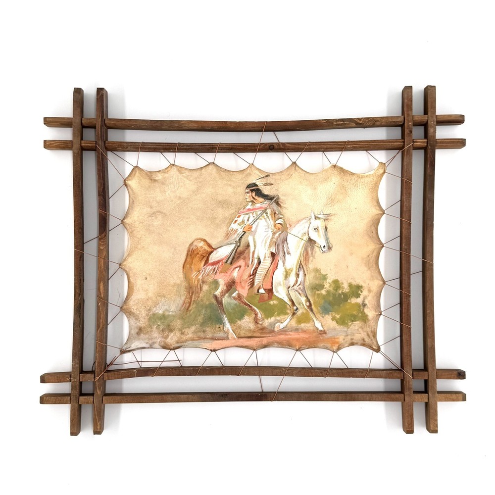 Native American Portrait Framed Leather Oil Painting Wall Art Decor