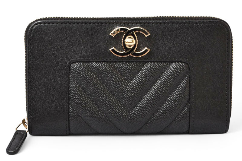 Chanel Authentic Bifold Wallet Mademoiselle Chevron Black Gold