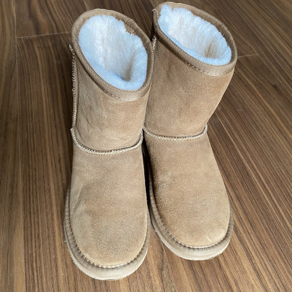 Bearpaw Youth 4 Suede Shearling Lined Winter Boots Tan Slip On Warm Snow Boot