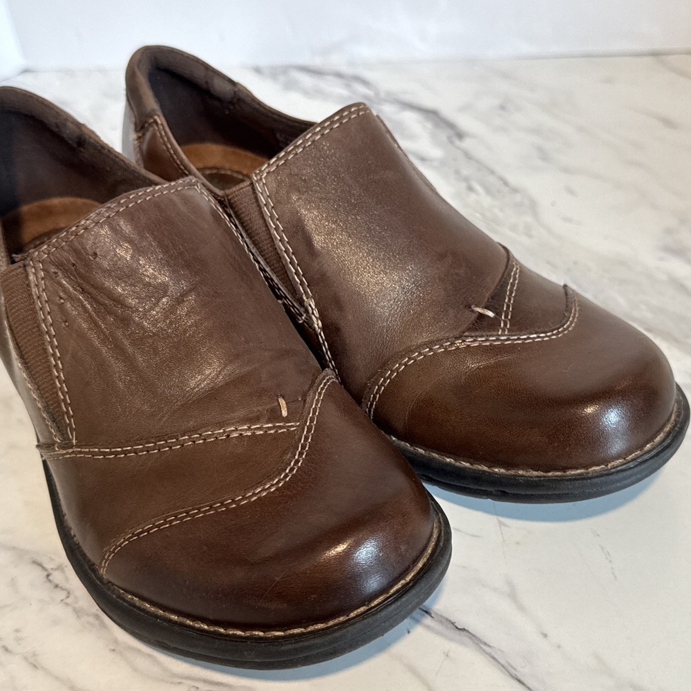 Earth Origins Brown Leather Slip On Wedge Loafers Women’s Size 7 M Shoes READ