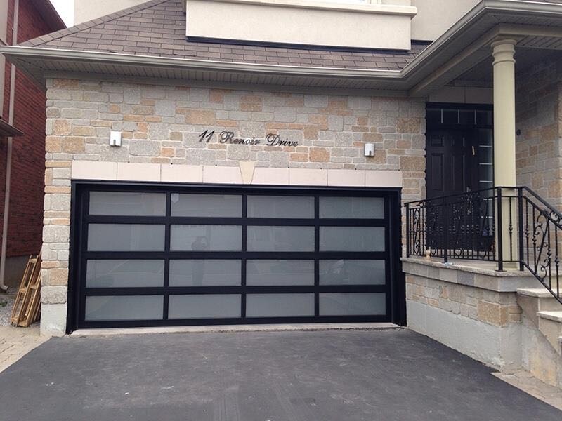 18 ft x 7 ft Full View Garage Door with Anodized Matt Black Frame and Frosted Glass