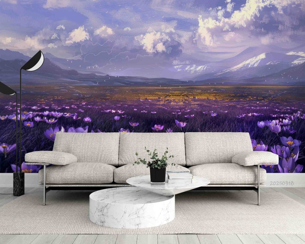 3D Sky Purple Flower Field Landscape Wall Murals Wallpaper Murals Wall Sticker
