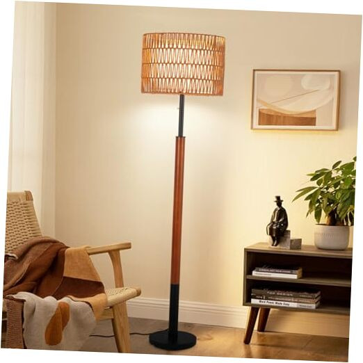 Boho Rattan Floor Lamp with 3-Way Dimmable Bulb for Living Room