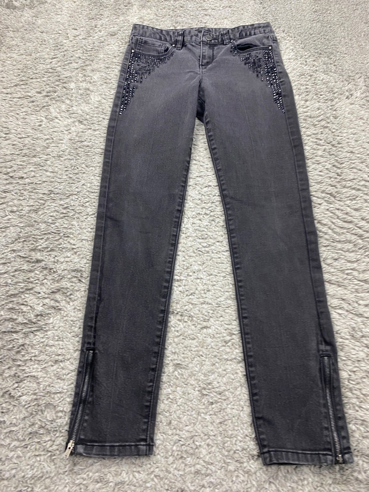 Cache Jeans Women 0 Black Skinny Ankle Zipper Low Rise Rhinestone Studded Denim