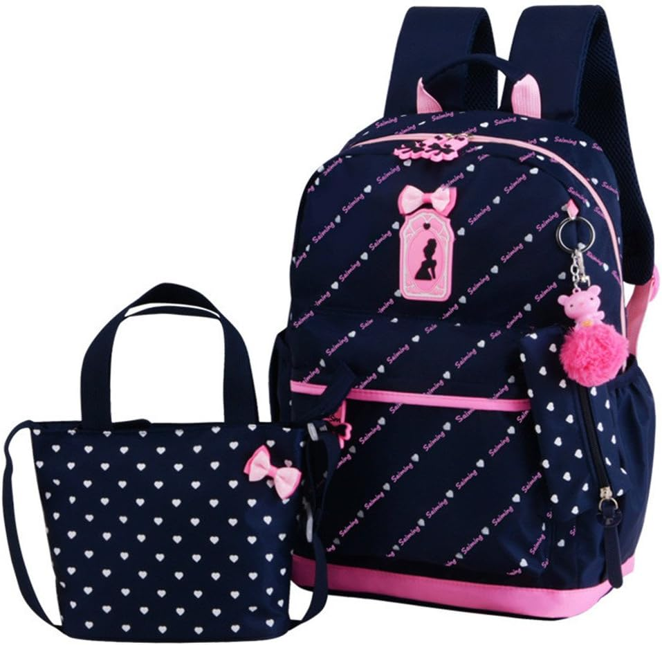 3Pcs Heart Print Backpack Set with Bowknot for School Travel Daypack