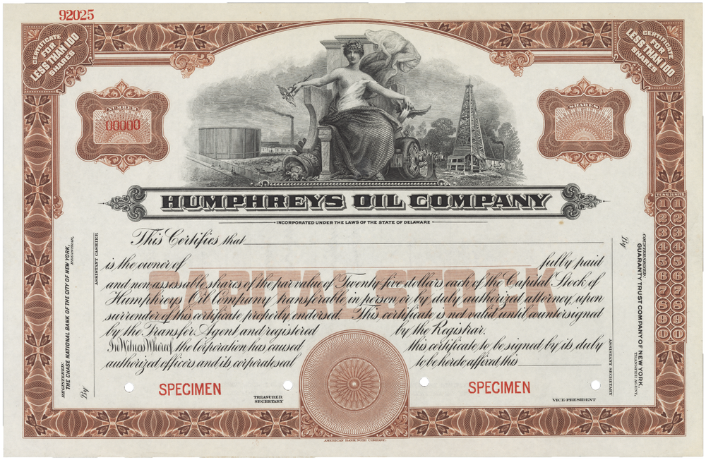 Humphreys Oil Company. Stock Certificate.