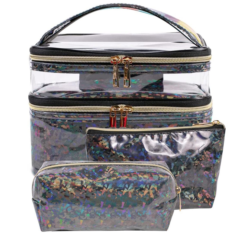 3-Piece Holographic Makeup Bag Set Double Layer Travel Cosmetic Organizer Case